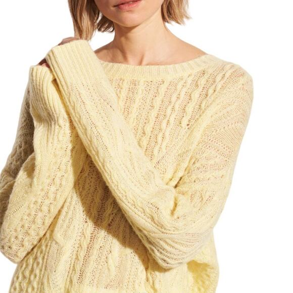 Vince Merino Wool Cashmere Blend Open Cable Knit Crew Sweater Pale Yellow Small - Picture 1 of 14